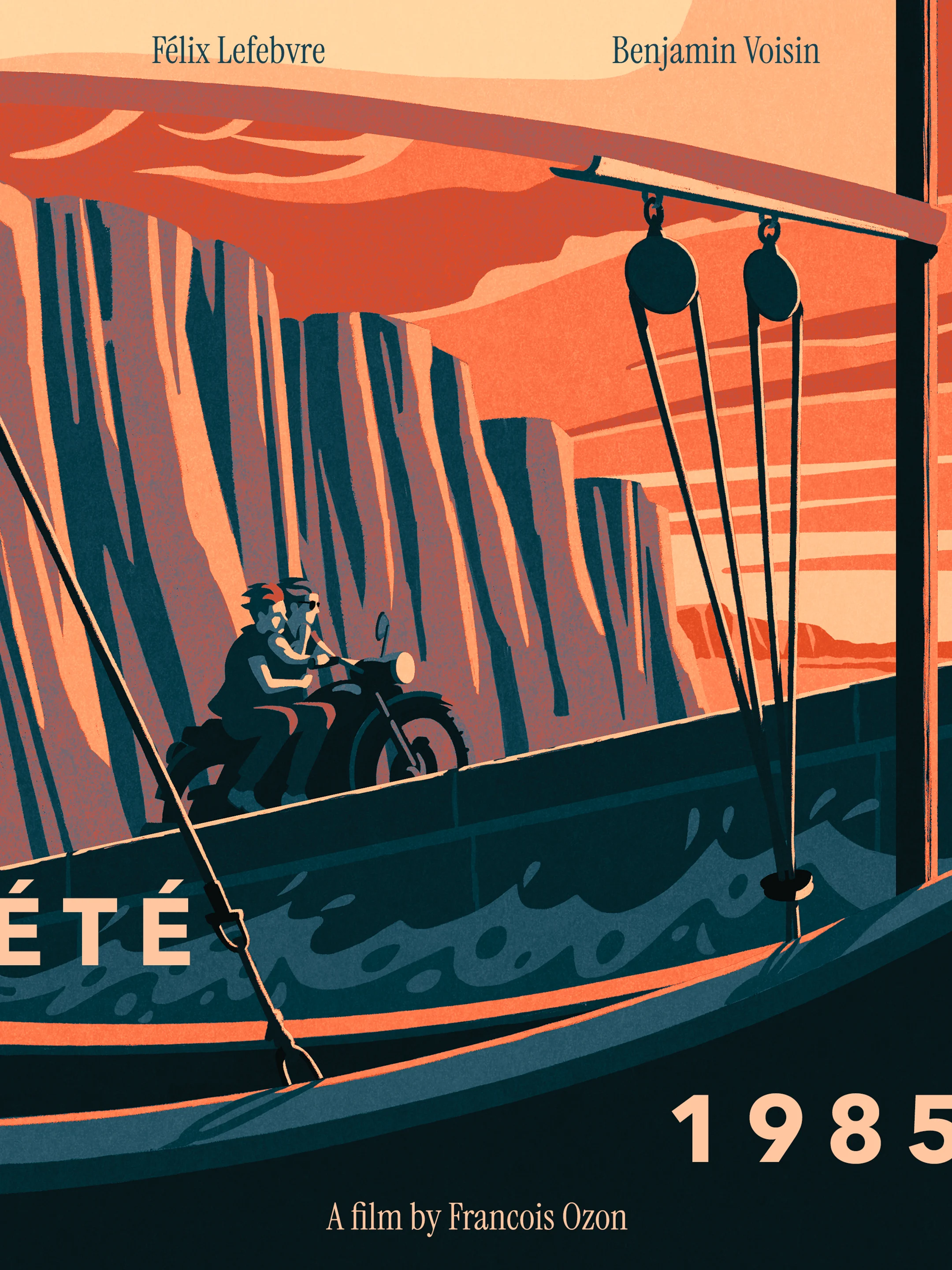 Two boys pressed close on a motorcycle at sunset. The Normandy cliffs in the background, a sailboat in the foreground. After François Ozon’s Summer of 85.