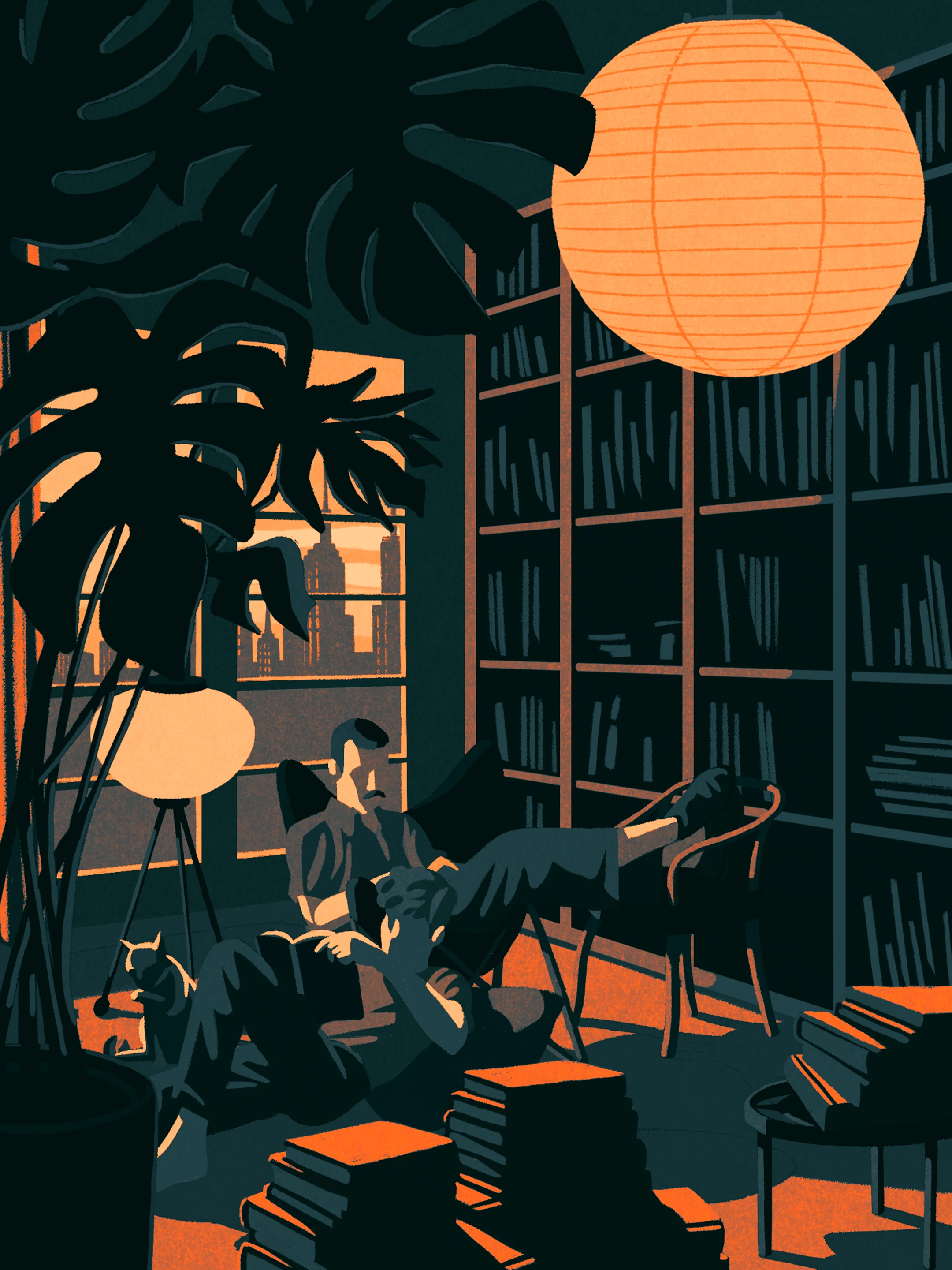 Two young men immersed in reading. They sit side by side, surrounded only by their books and their cat. In the background, the New York skyline at sunset through a large glass wall.