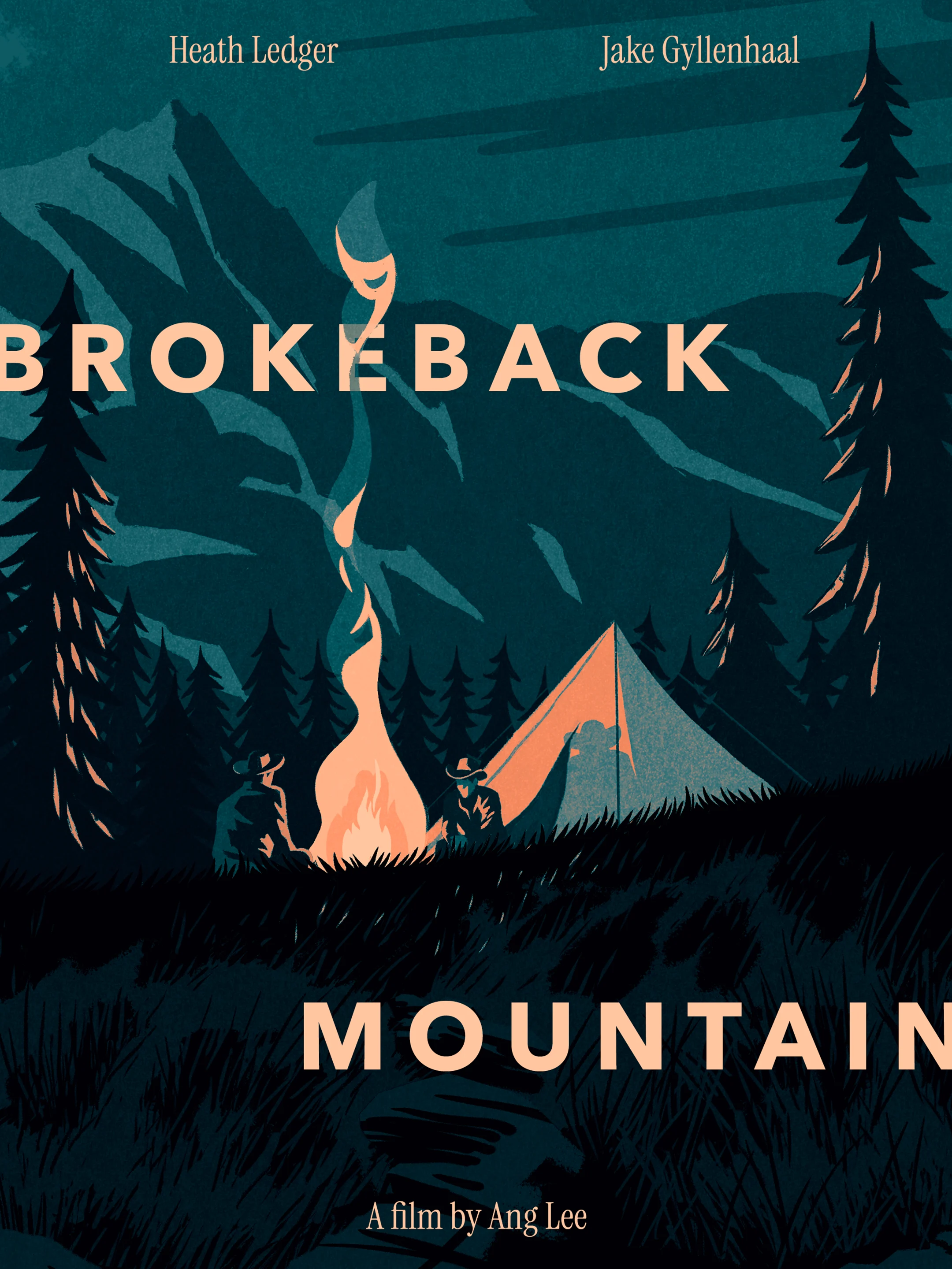 Night in the Wyoming mountains. Two cowboys sit around a campfire. The flames cast long shadows against the tent behind them. From Ang Lee’s Brokeback Mountain.