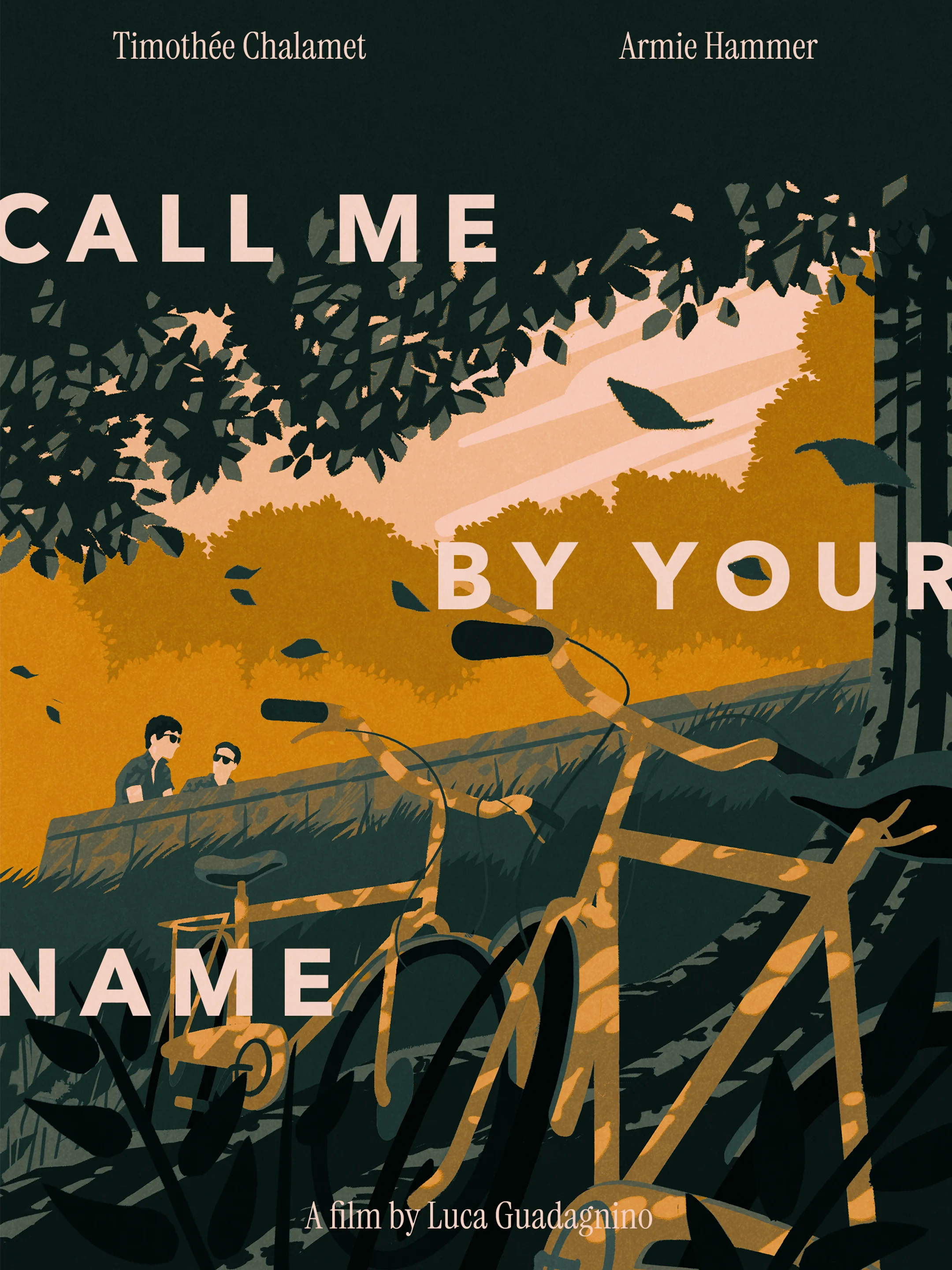 Two young man seated on the edge of a stone basin. Their bicycles lean against a tree in the foreground. The summer breeze of the countryside moving through the leaves. After Luca Guadagnino’s Call Me By Your Name.